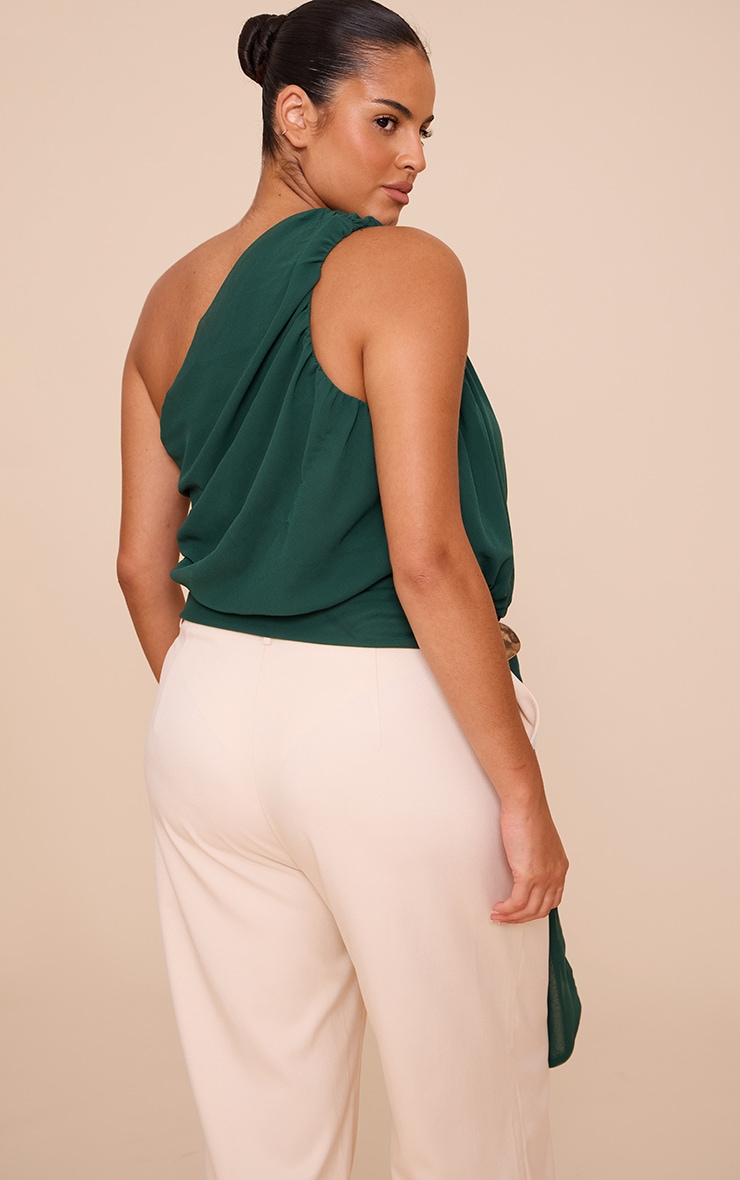 Plus Forest Green Chiffon One Shoulder Ruched Trim Drape Top image 2