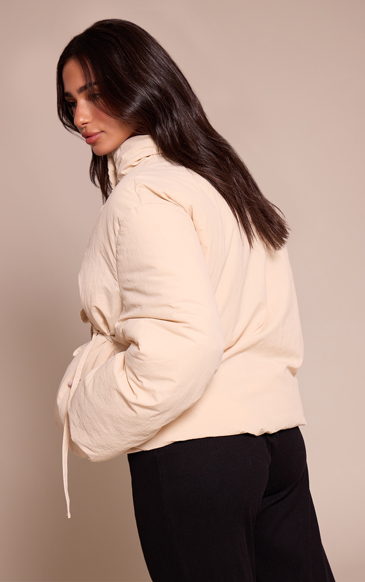 Petite Cream High Neck Tie Waist Quilted Jacket image 2