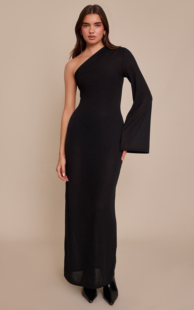 Black Textured Jersey Asymmetric Maxi Dress image 3