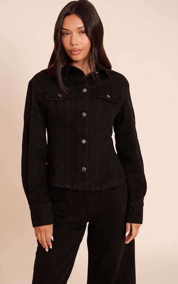 Washed Black Long Sleeve Cinch Waist Denim Jacket