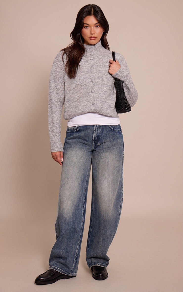 Grey Funnel Neck Button Down Knitted Cardigan image 3