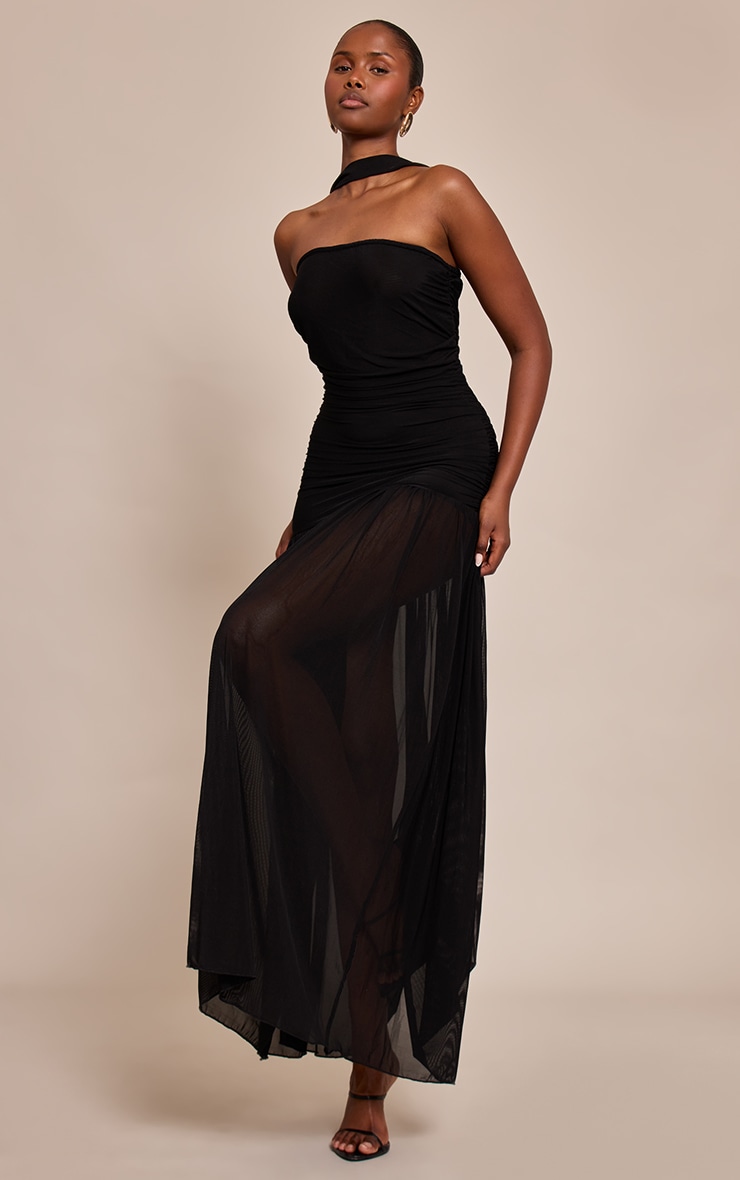 Black Ruched Scarf Dropped Waist Maxi Dress image 3