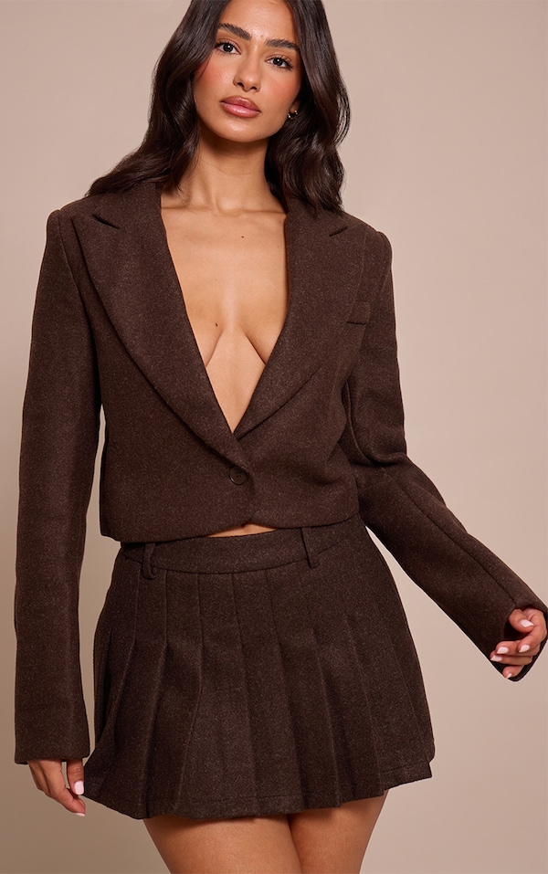 Petite Chocolate Pointed Lapel Short Wool Look Blazer