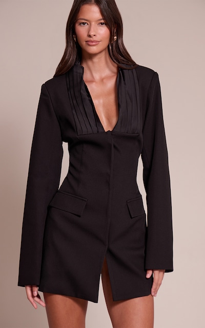 Black Woven Pleated Detail Blazer Dress