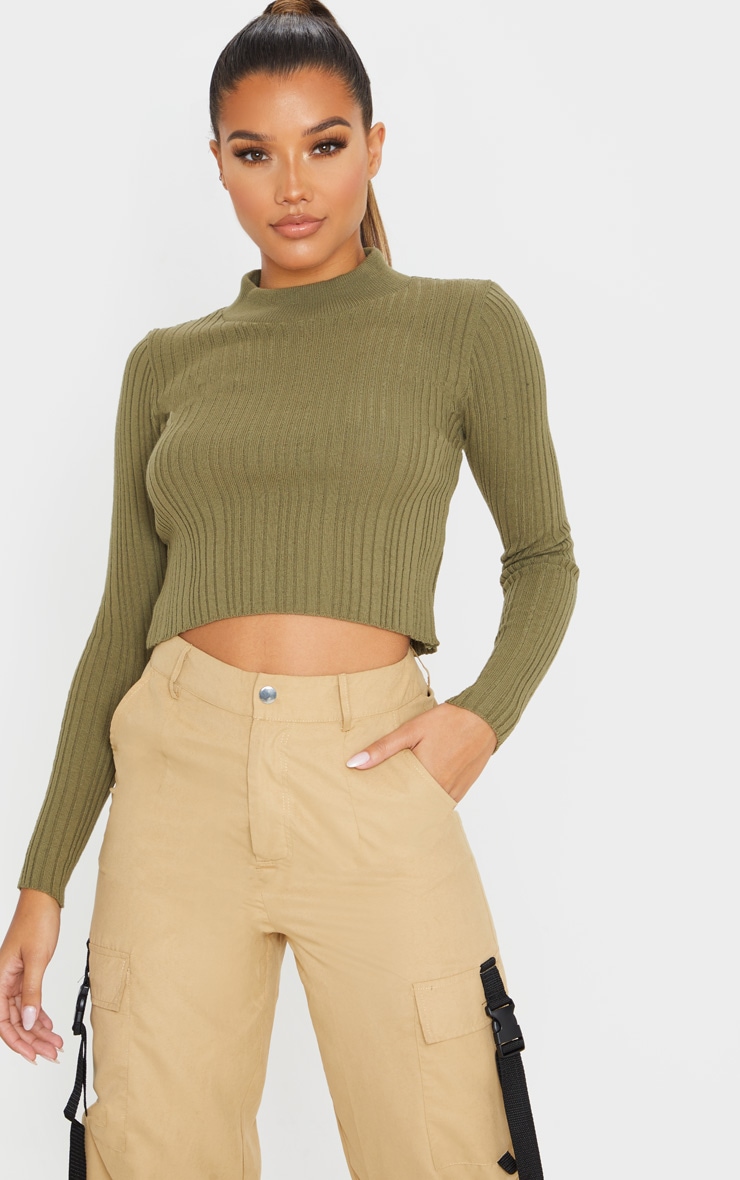 Khaki High Neck Knitted Rib Top