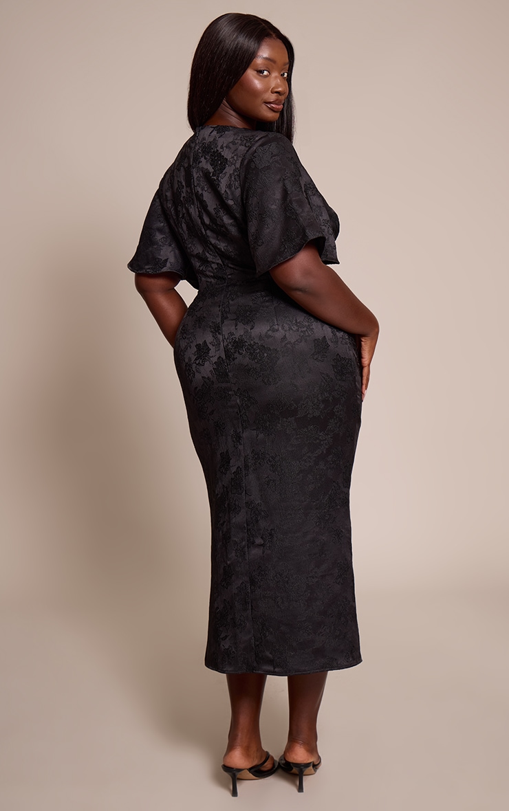 Plus Black Floral Jacquard Puff Sleeve Plunge Neck Maxi Dress image 2