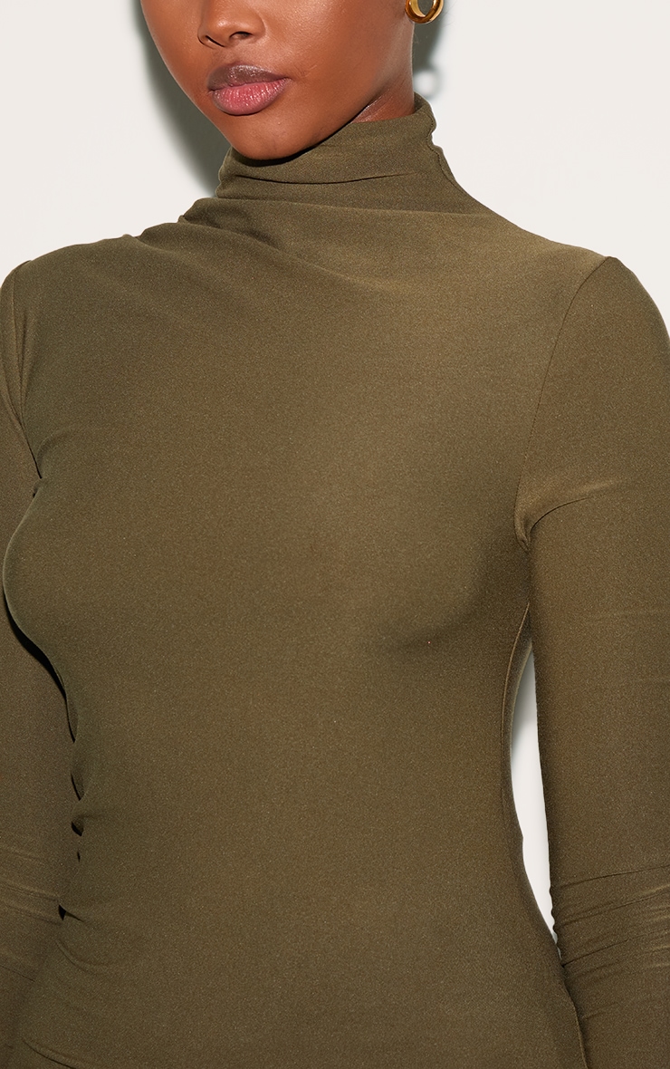 Khaki Soft Touch High Neck Ruched Sleeve Top image 4