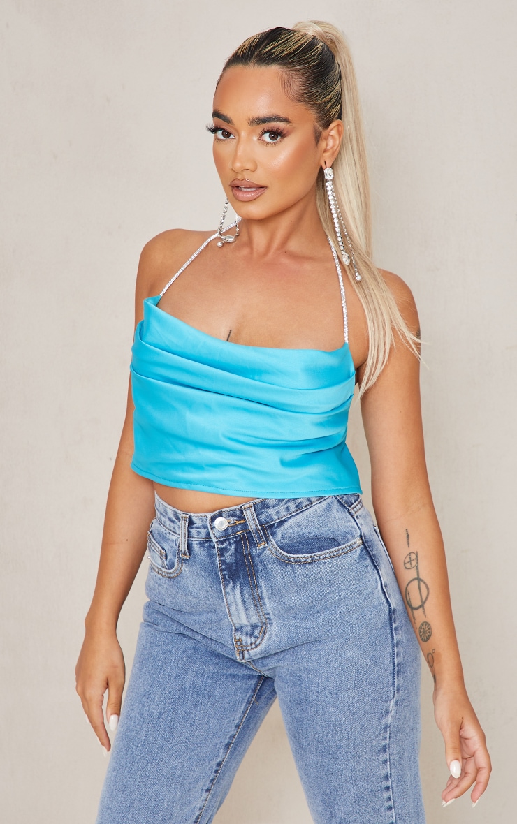 Petite Blue Diamante Satin Detail Crop Top