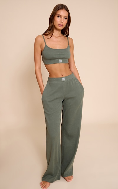PrettyLittleThing Sage Green Sleep Rib Tonal Elastic Wide Leg Pants