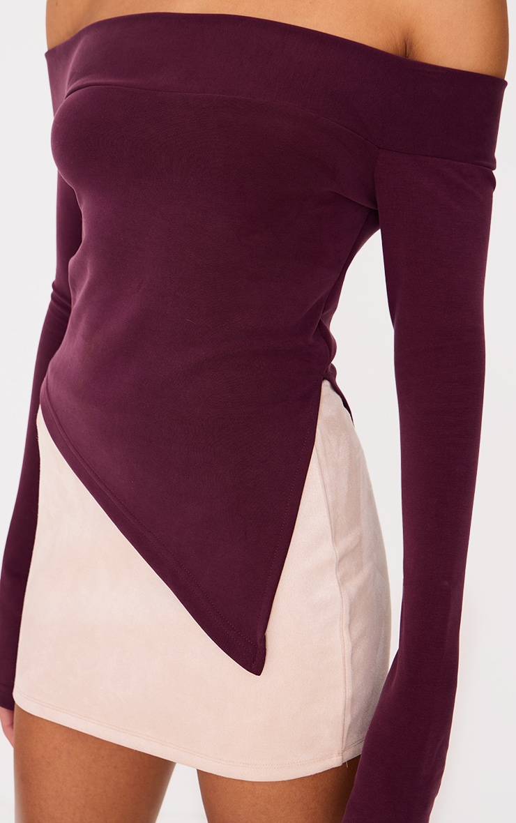 Burgundy Premium Soft Touch Fold Bardot Asymmetric Top image 4