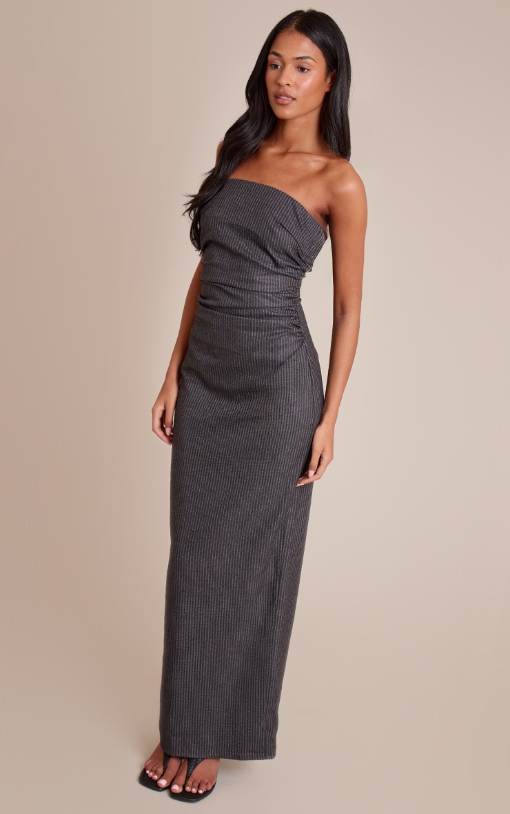Tall Charcoal Pinstripe Bandeau Ruched Detail Maxi Dress image 3