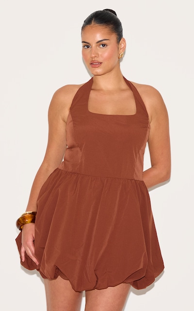 Plus Chocolate Pinstripe Halterneck Puffball Dress