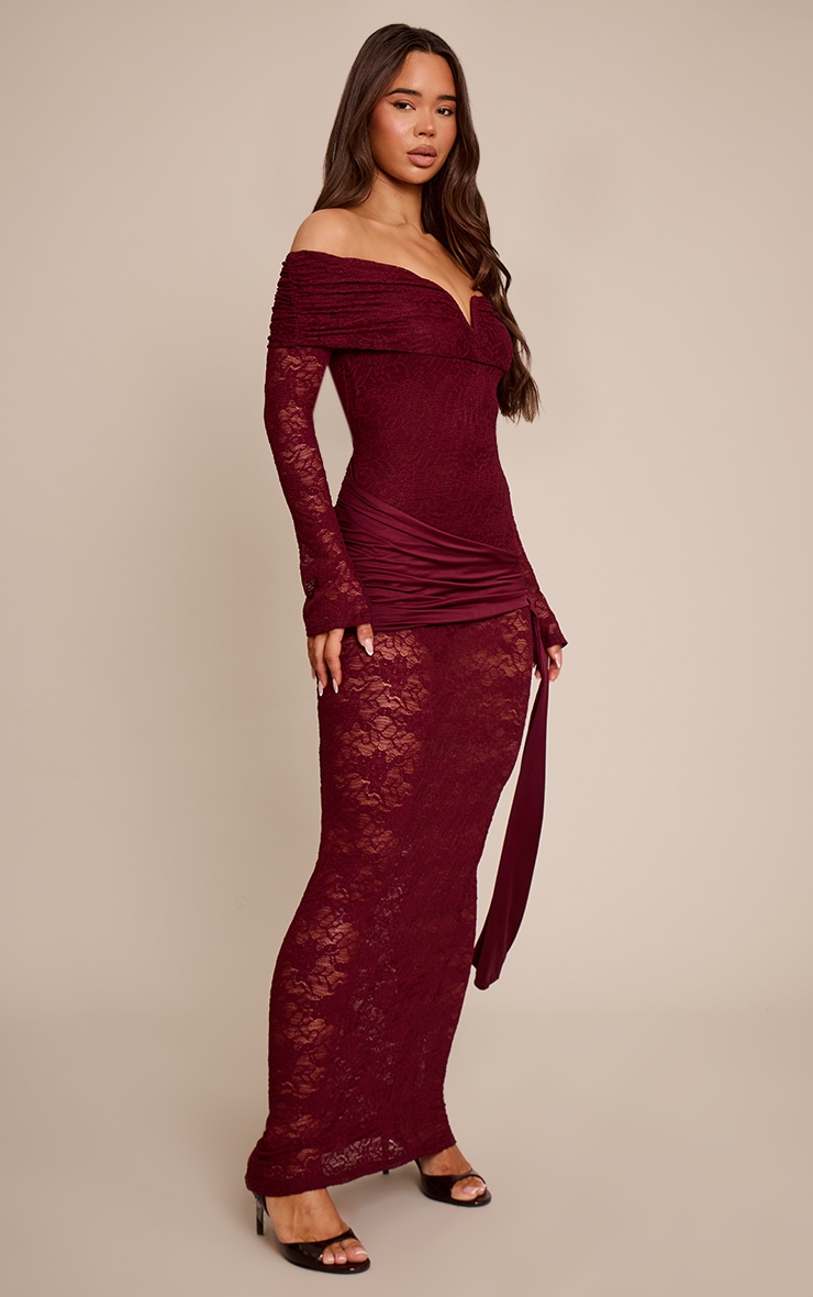 Wine Lace Long Sleeve Wrap Maxi Dress image 3