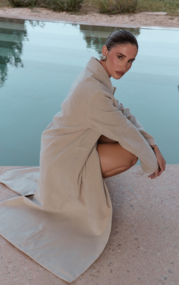 Ecru Suede Longline Button Coat