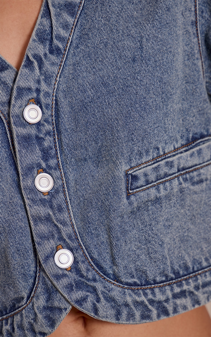 Vintage V Neck Curved Hem Cropped Denim Jacket image 4