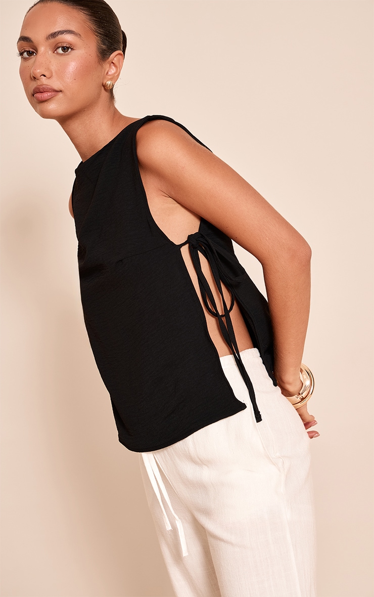 Black Woven Tie Side Detail Long Top image 1