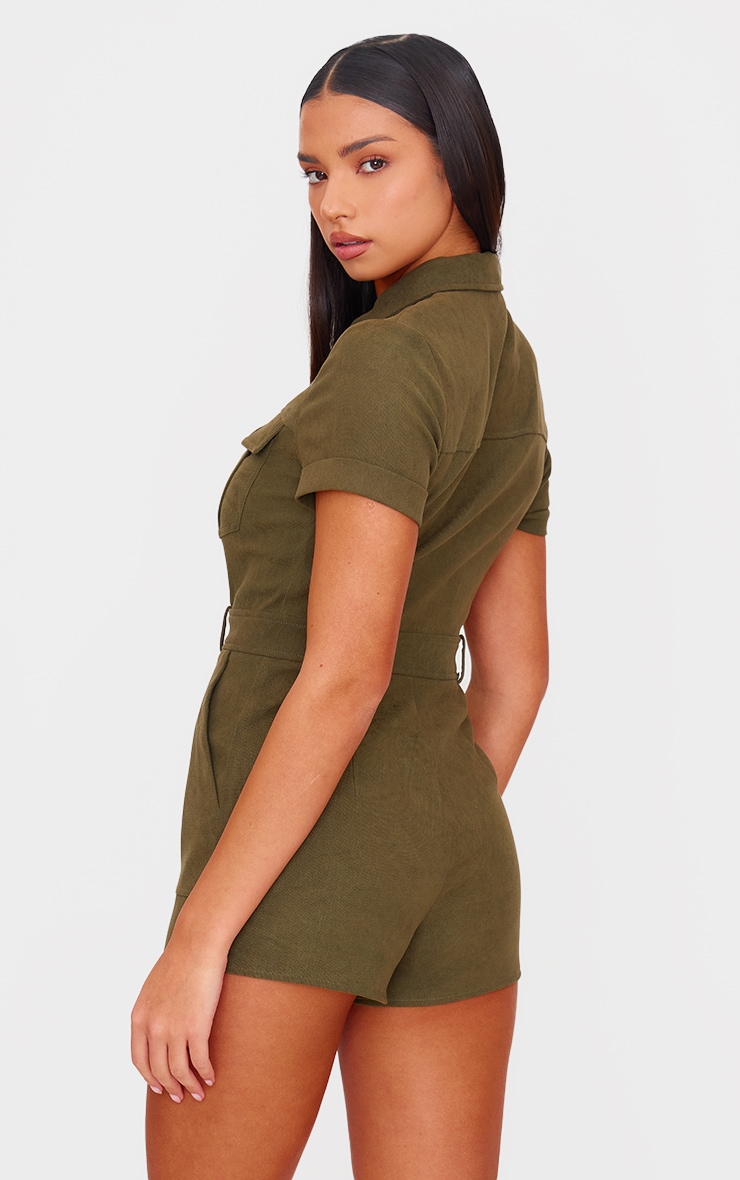 Khaki Soft Tailored Utility Detail Romper Rompers