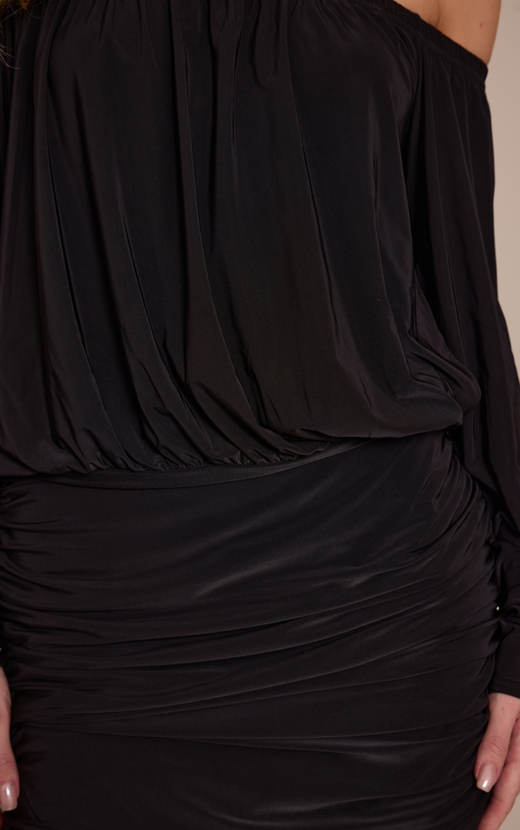 Black Double Layer Slinky Bardot Drape Mini Dress image 4