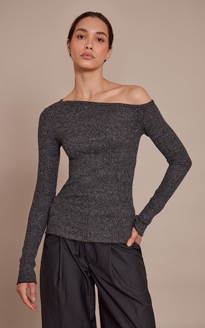 Charcoal Marl Soft Brushed Rib Asymmetric Long Sleeve Top