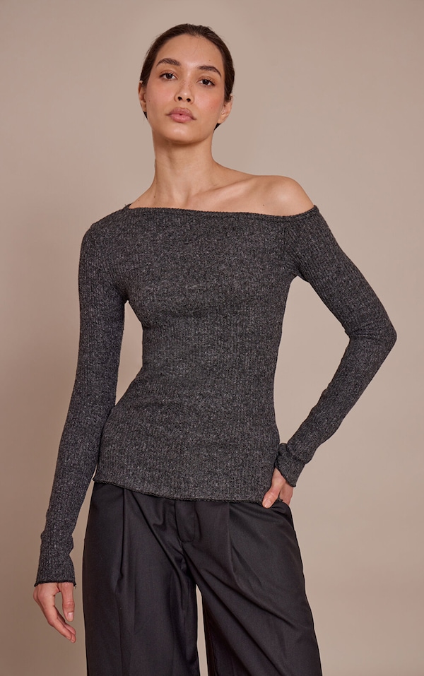 Charcoal Marl Soft Brushed Rib Asymmetric Long Sleeve Top 