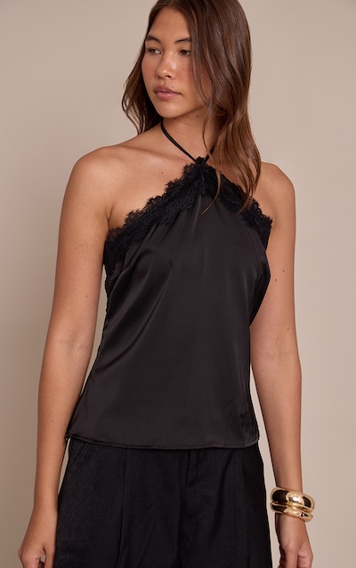 Black Satin Lace Trim Halterneck Cami Top