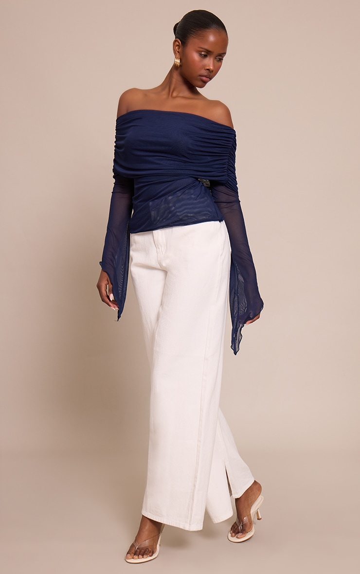 Navy Mesh Fold Over Extreme Sleeve Detail Top image 3