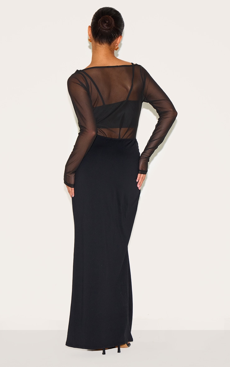 Petite Robe Longue Noire Fluide à Manches Longues et Détails Mesh image 2