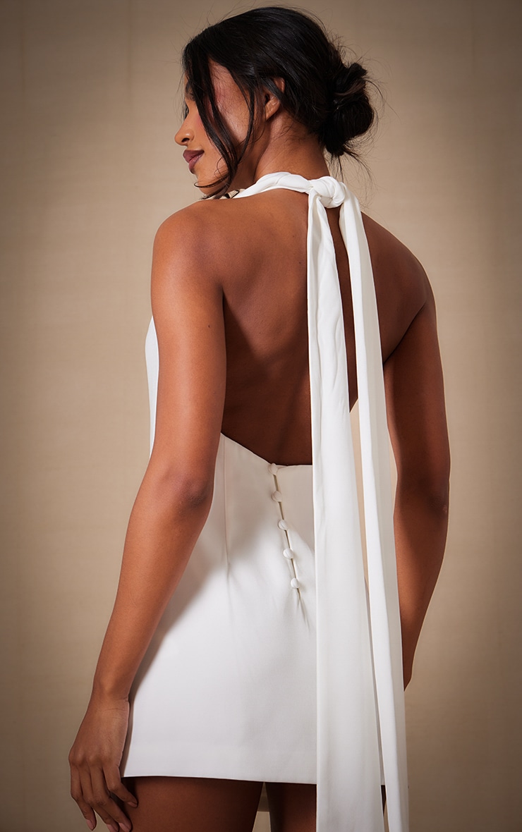 Premium White Woven Tie Halter Neck Dress image 4