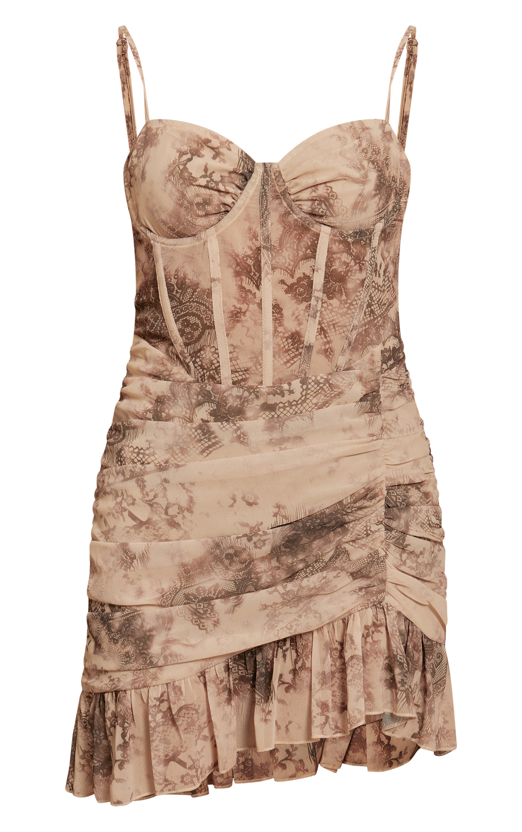 Nude Floral Print Corset Frill Hem Bodycon Dress image 1