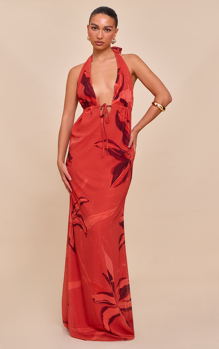 Rust Printed Plunge Tie Detail Maxi Dress image 1