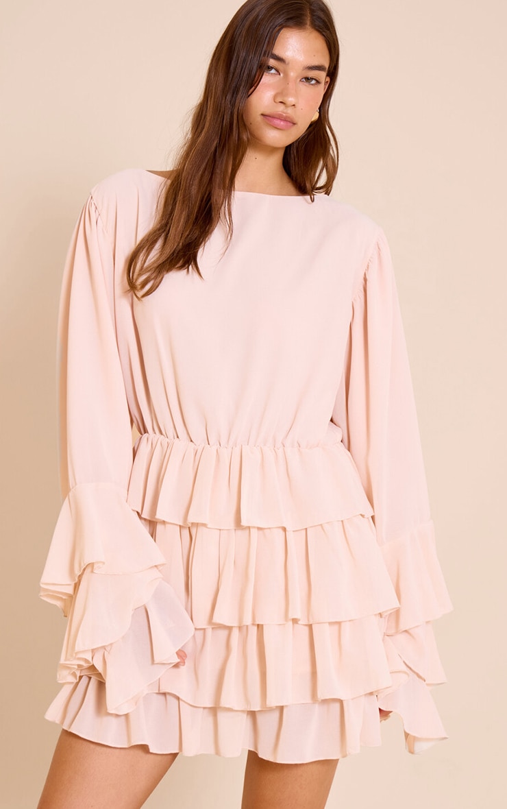 Blush Boat Neck Low Back Frill Detail Shift Dress image 1