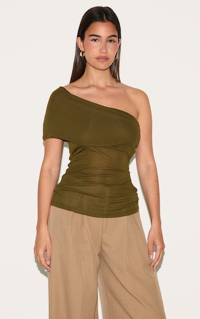 Olive Sheer Soft Touch Fold Over Detail One Shoulder Long Top