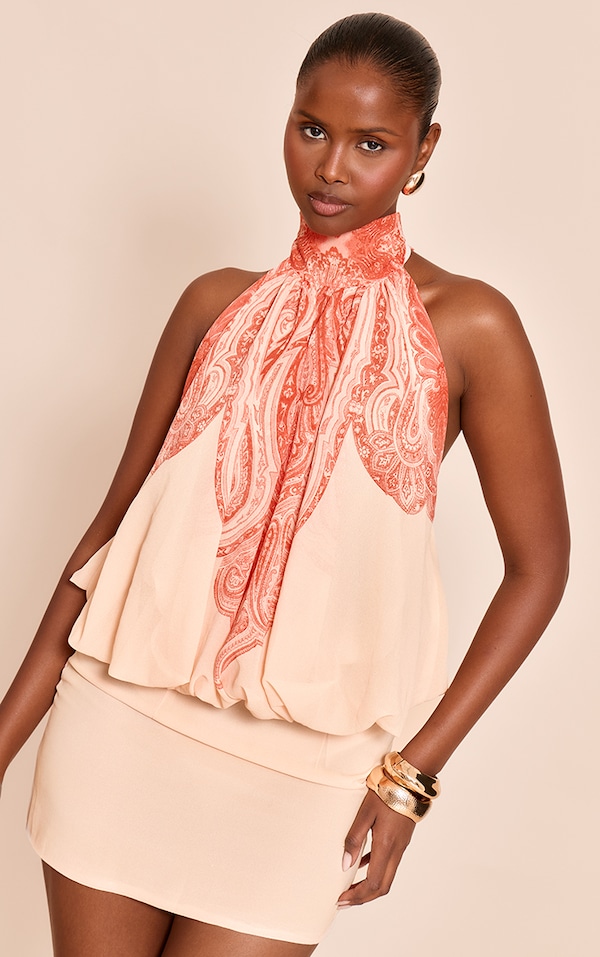  Pink Paisley Print Chiffon Halter Neck Puff Ball Top