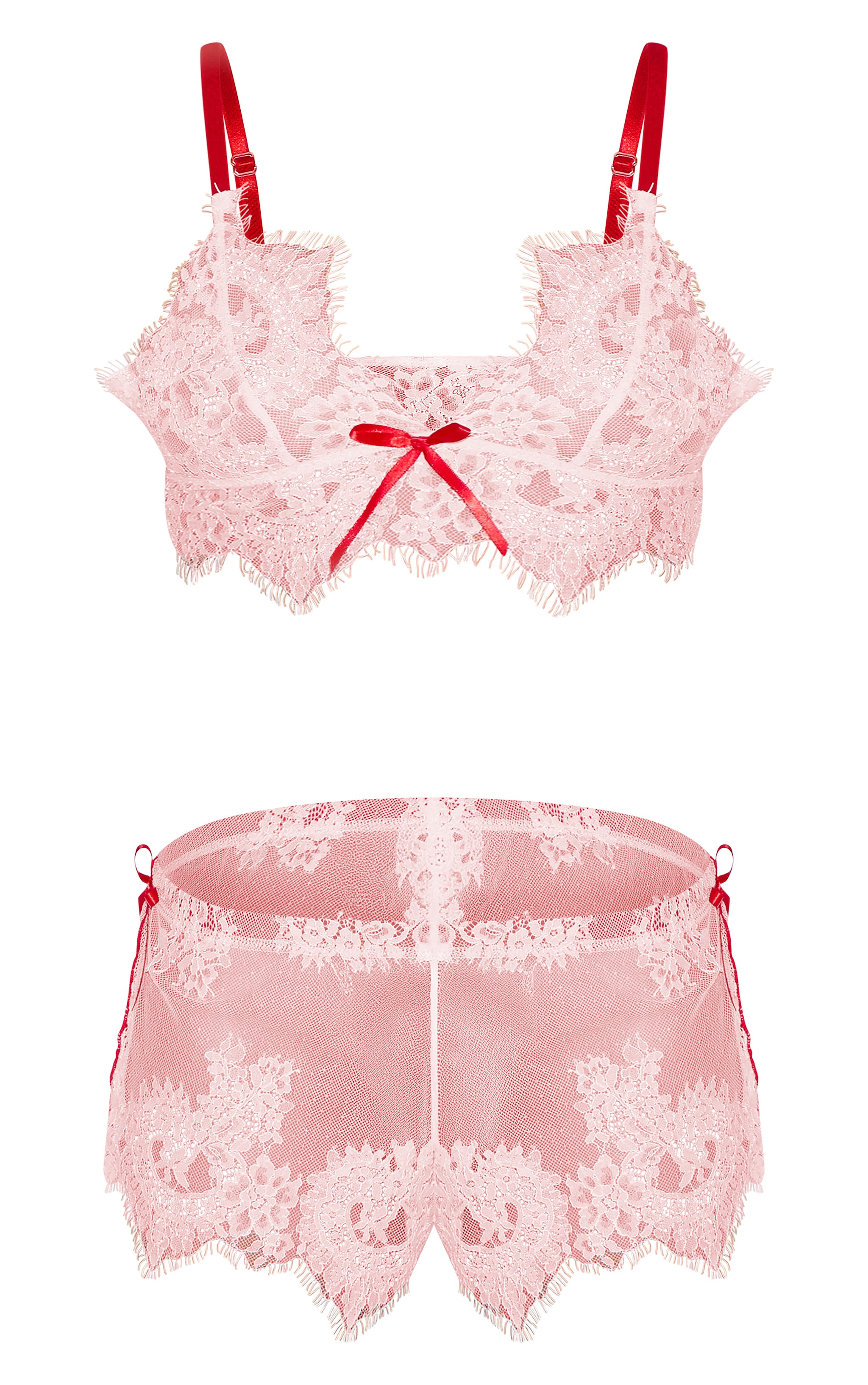 Pink Lace Contrast Trim Bralette Short Pj Set image 5