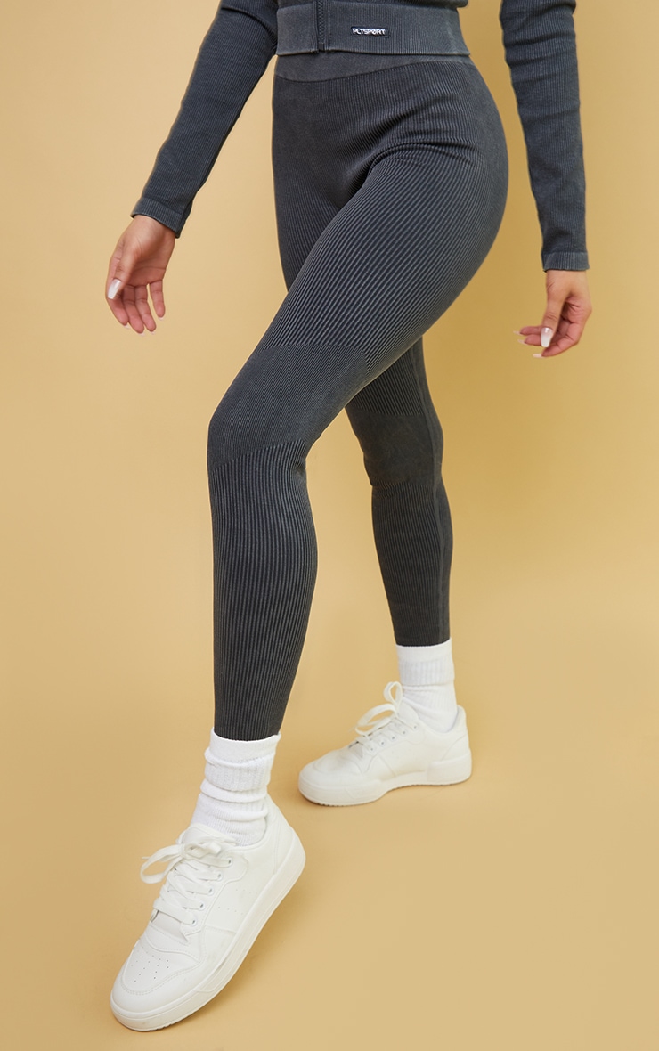 Charcoal Acid Wash Rib Seamless High Waist Gym Leggings image 2