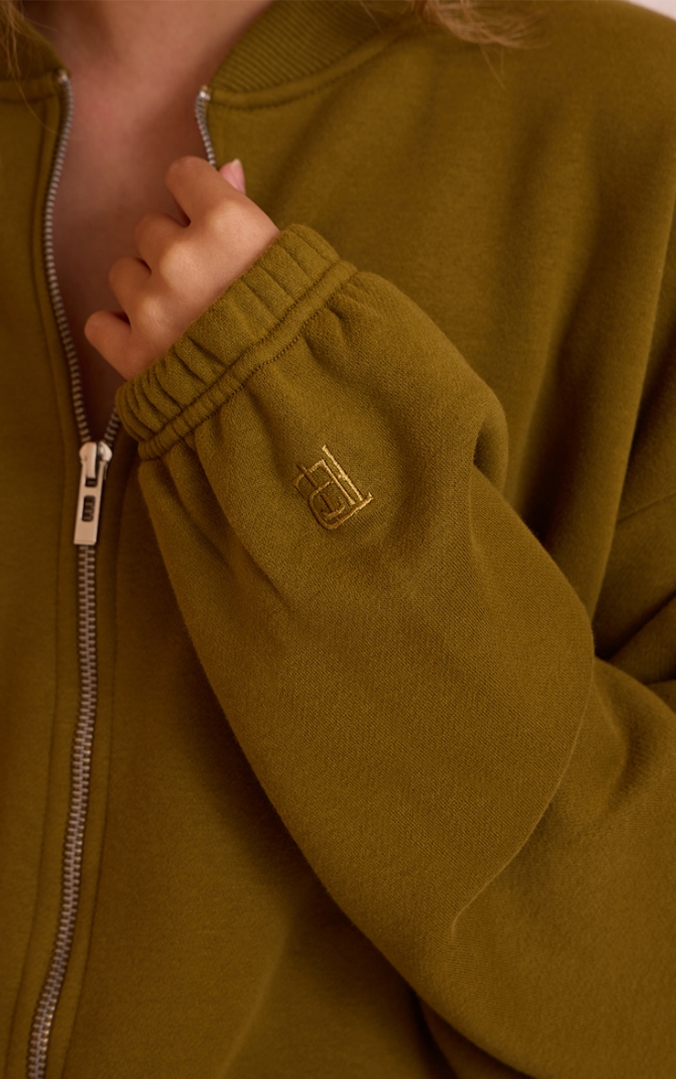 Olive Cotton Fleece Bomber Jacket image 4
