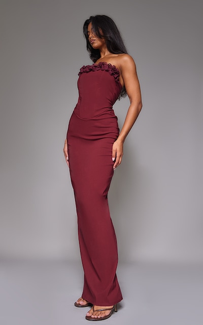 Burgundy Stretch Woven Rosette Bandeau Maxi Dress