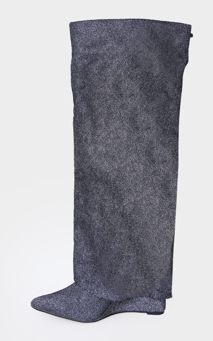 Gunmetal Diamante Point Toe Fold Over Wedged Knee High Boots image 3