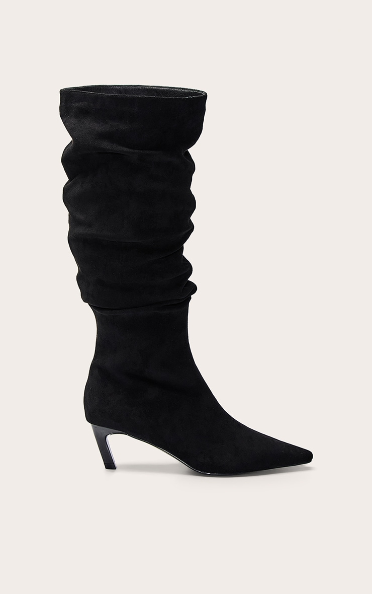 Black Faux Leather Heeled Knee High Scrunch Boot image 2