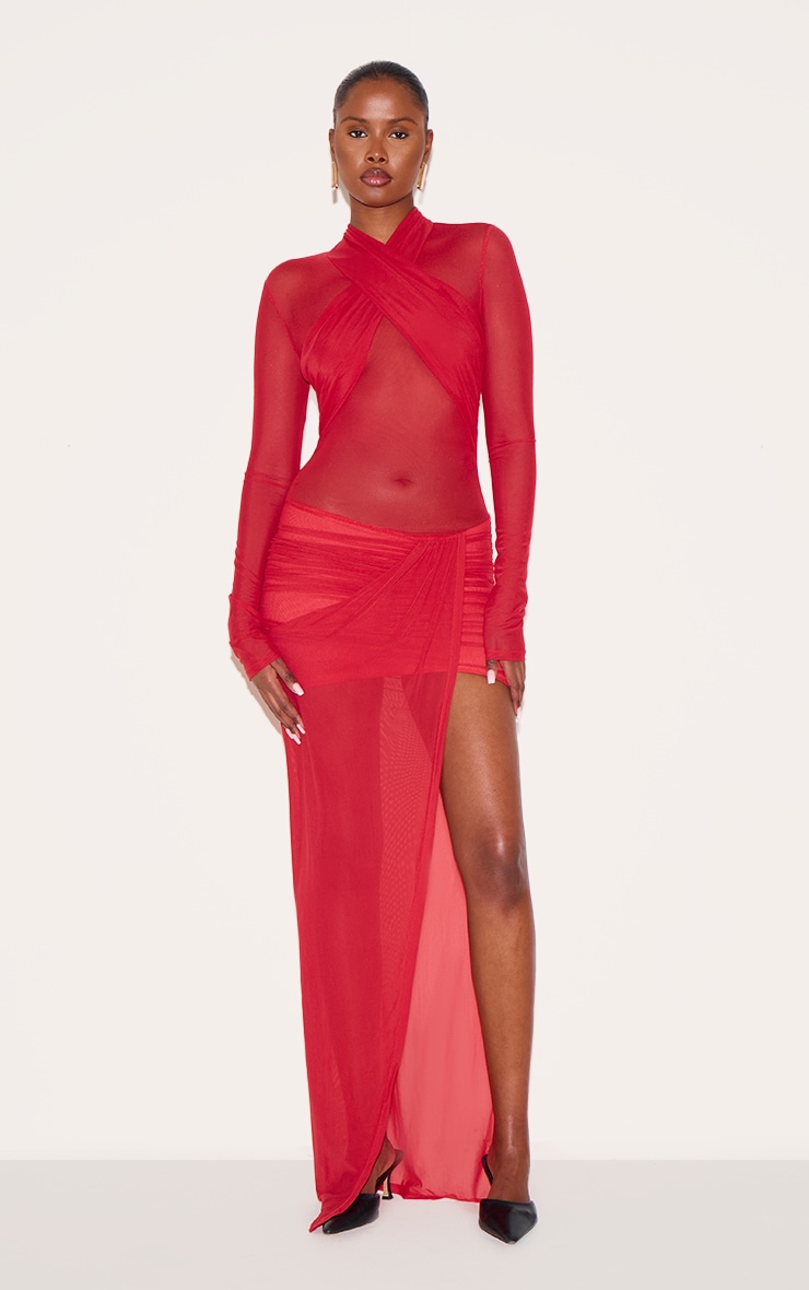 Red Mesh Crossover Bust Detail Ruched Skirt Maxi Dress image 1