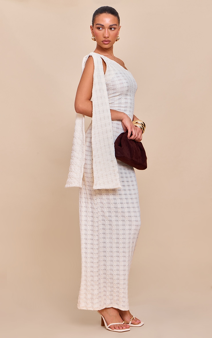 Cream Textured One Shoulder Drape Detail Maxi Dress image 3