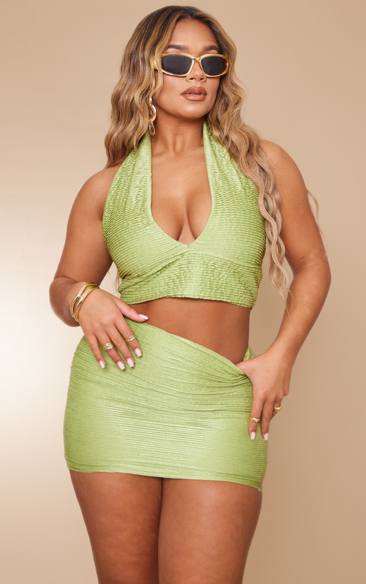 Shape Green Crinkle Low Rise Split Mini Skirt image 4