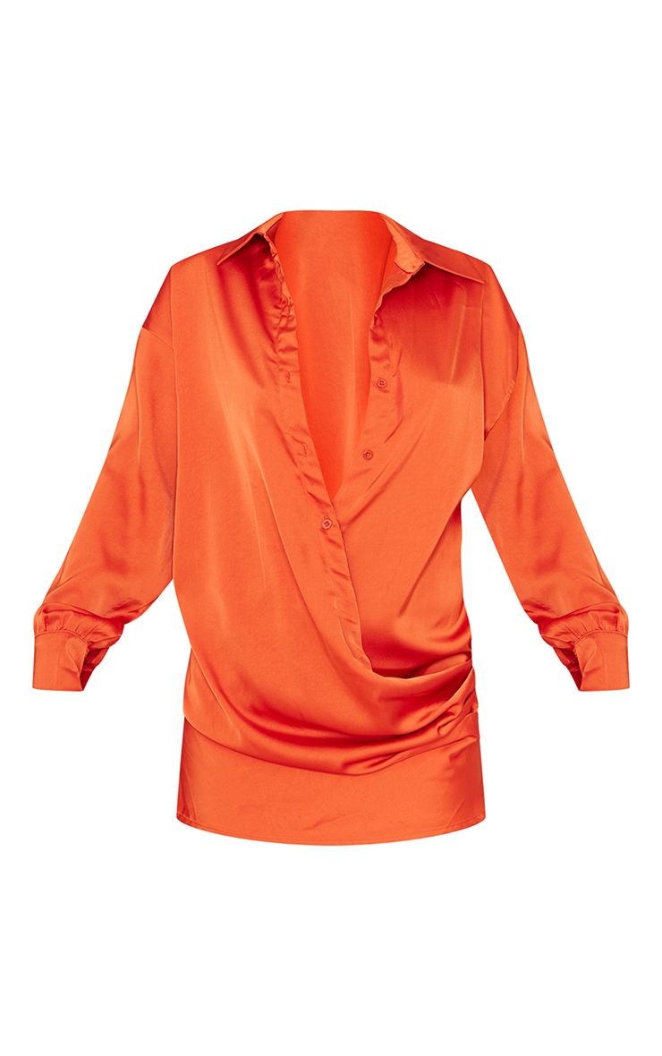 Rust Cowl Draped Satin Shirt Dress image 5