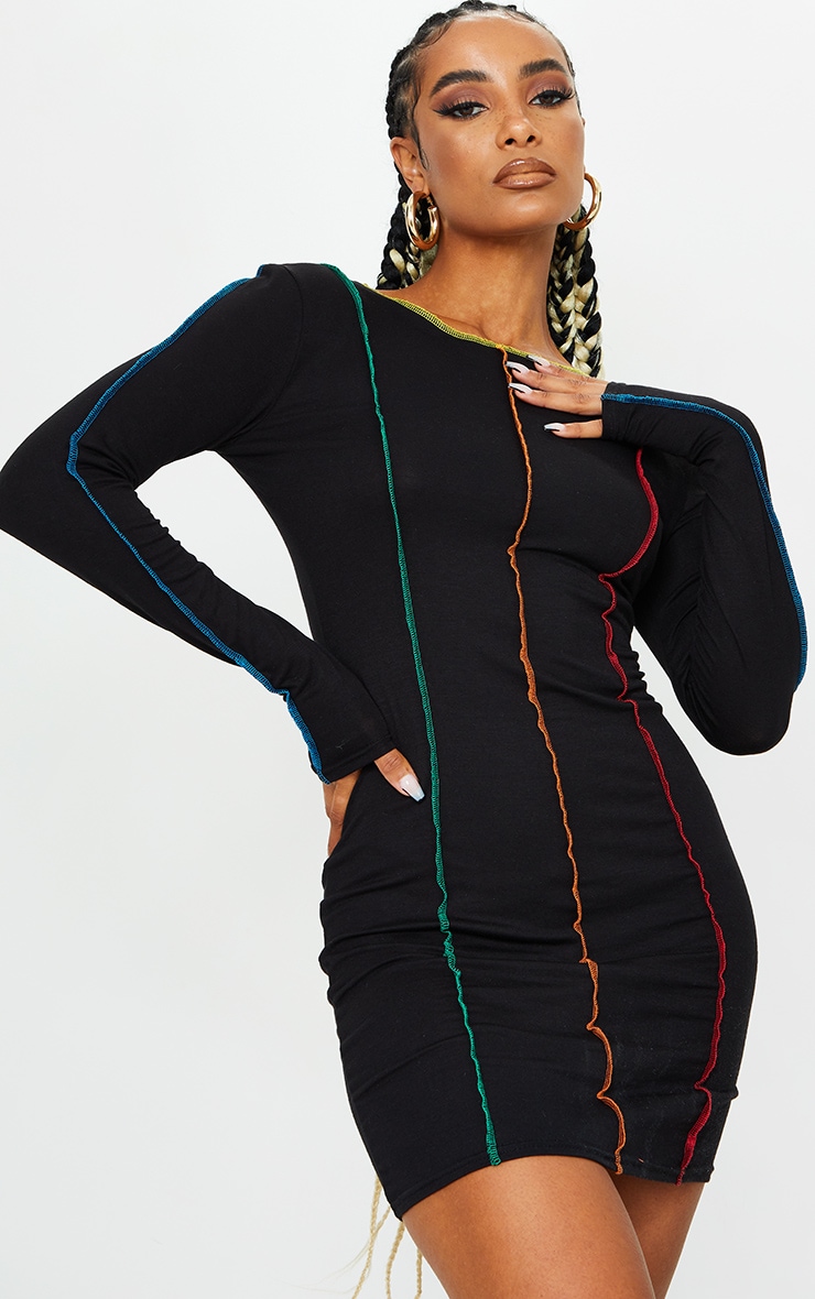 Black Long Sleeve Multi Stitch Detail Bodycon Dress