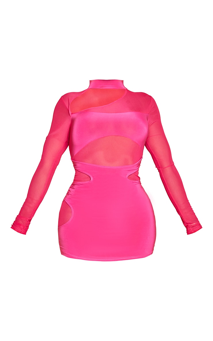 Shape Hot Pink Mesh Slinky Overlay Long Sleeve Bodycon Dress image 5