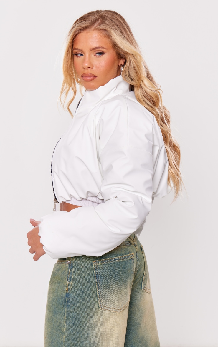 White Wax Look Zip Up Cropped Puffer Coat image 3