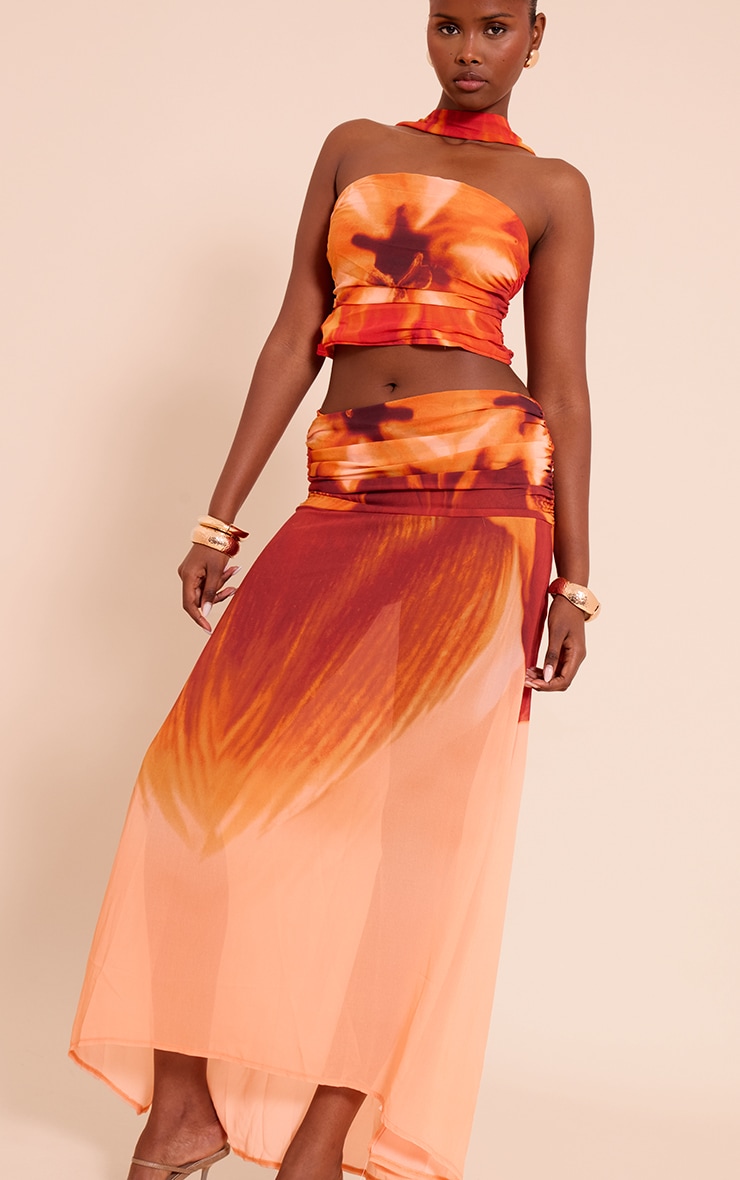 Orange Floral Printed Chiffon Ruched Maxi Skirt image 2