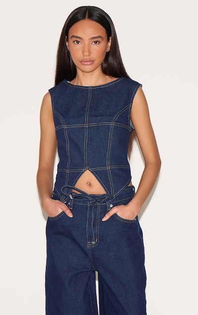 Petite Top long en jean indigo à coutures contrastantes