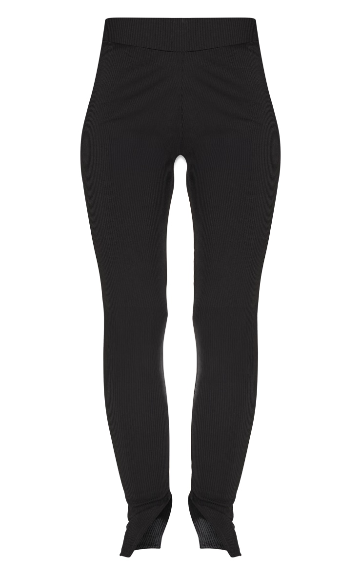 Black Ribbed Split Hem Skinny Leggings image 5