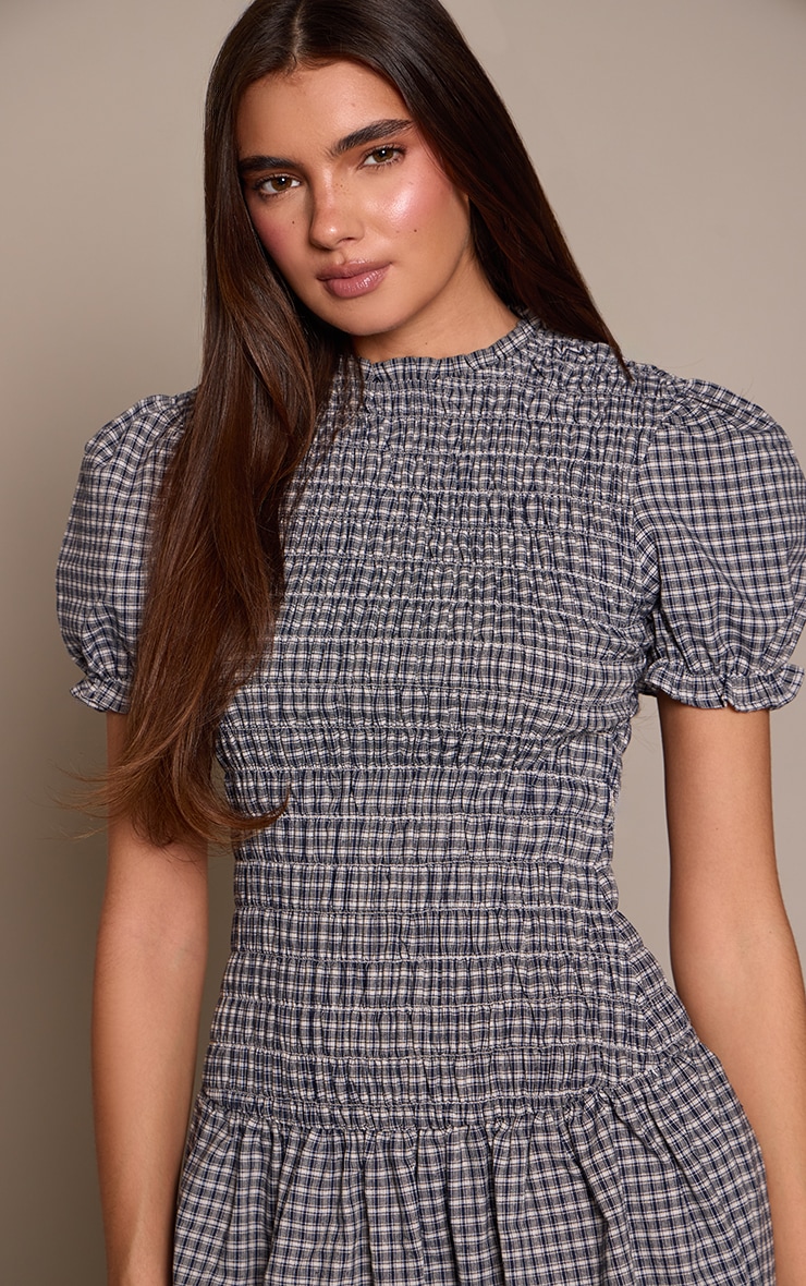Navy Check Shirred Cap Sleeve Shift Dress image 4